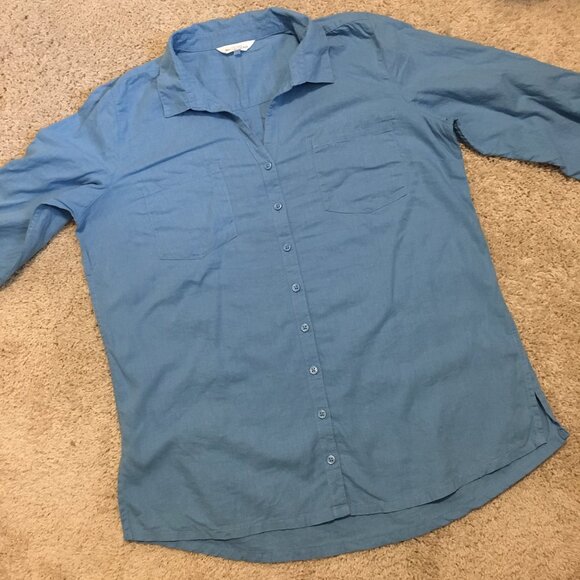 Northern Reflections Blue Linen Blend Sailor Collar Button Down Dress Sh… - Picture 12 of 16